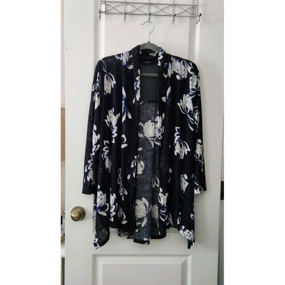 Women's Floral Cardigan Open Front Long Sleeve‎ Blue White Size L/XL